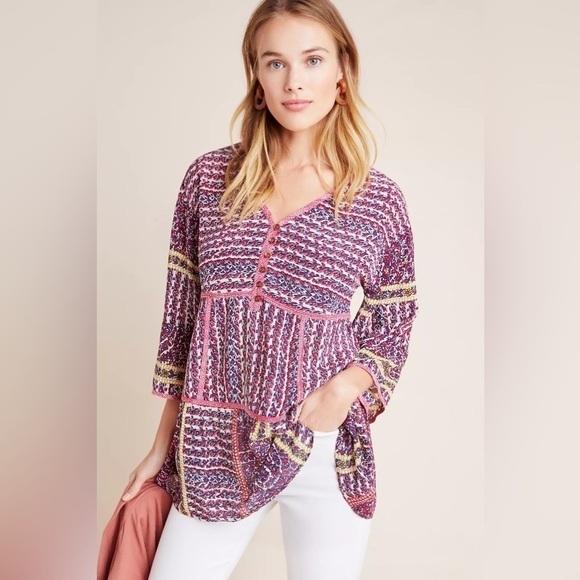 ANTHROPOLOGIE Maeve Lilyana Tiered 100% Silk Blouse SIZE LARGE BOHO flounce - Picture 4 of 13